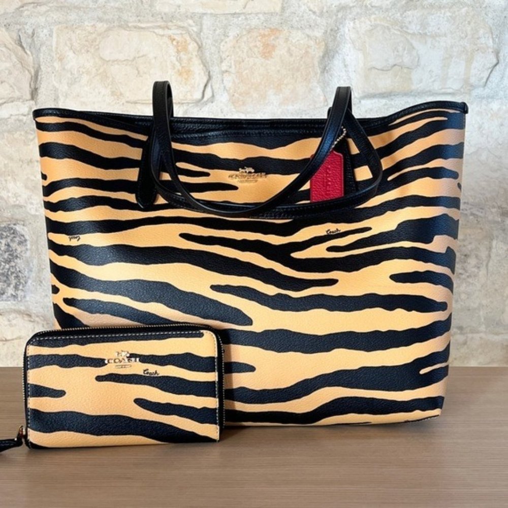 Coach Zebra Print City tote & wallet set brown black NWT